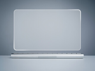 Blank virtual screen desktop monitor and modern silver keyboard on white desk and grey background. Empty space mockup on transparency curved virtual screen, future technology background concept.