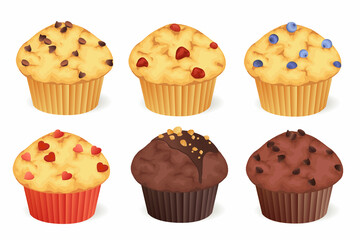 Set of muffins with different toppings. Vector illustration.