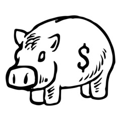 Piggy bank and dollar coin sketch icon for web and mobile. Save money Doodle style. Hand drawn vector icon isolated on white background.