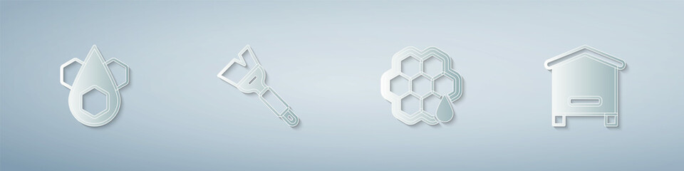 Set Honeycomb, Beekeeping brush, and Hive for bees. Paper art style. Vector