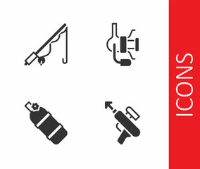 Set Fishing harpoon, rod, Aqualung and Spinning reel for fishing icon. Vector