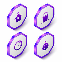 Set Isometric Kitchen apron, Bucket, Clock and Garbage bag icon. Purple hexagon button. Vector