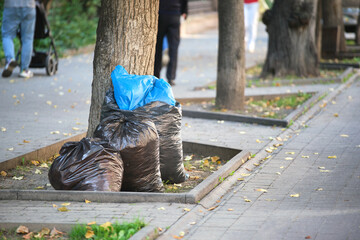 Pile of black garbage bags full of litter left for pick up on street side. Trash disposal concept © bilanol