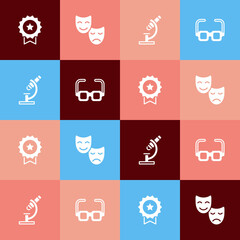 Set pop art Medal with star, Comedy and tragedy masks, Microscope and Glasses icon. Vector