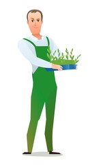 Man villager farmer in overalls. Guy is an agricultural worker. Cheerful person. Standing pose. Cartoon comic style flat design. Single character. Illustration isolated on white background. Vector