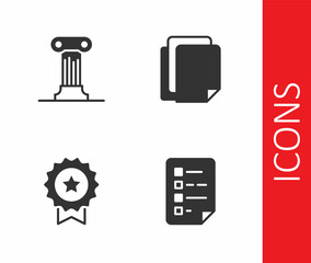 Set Clipboard with checklist, Law pillar, Medal star and File document icon. Vector
