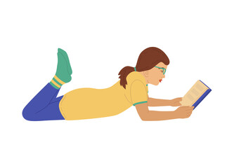 Obraz premium Child with book. Young girl lies and reads. Schoolgirl preparing for the exam. literature fan. Vector illustration