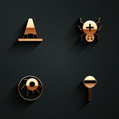 Set Witch hat, Spider, Eye and Lollipop icon with long shadow. Vector