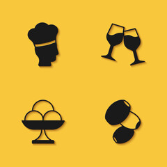 Set Italian cook, Olives, Ice cream in the bowl and Wine glass icon with long shadow. Vector