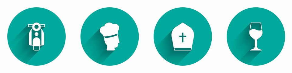 Set Scooter, Italian cook, Pope hat and Wine glass icon with long shadow. Vector