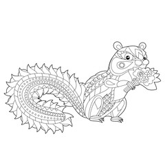 Cute chipmunk with flowers. Doodle style, black and white background. Funny animal, coloring book pages. Hand drawn illustration in zentangle style for children and adults, tattoo.