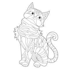Contour linear illustration for coloring book with decorative domestic cat. Beautiful animal, anti stress picture. Line art design for adult or kids in zen-tangle style, tattoo and coloring page.