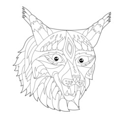 Contour linear illustration for coloring book with decorative lynx head. Beautiful  animal, anti stress picture. Line art design for adult or kids in zen-tangle style, tattoo and coloring page.