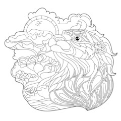 Contour linear illustration for coloring book with decorative lion head. Beautiful  animal, anti stress picture. Line art design for adult or kids in zen-tangle style, tattoo and coloring page.