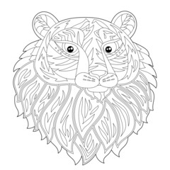 Contour linear illustration for coloring book with decorative tiger head. Beautiful  animal, anti stress picture. Line art design for adult or kids in zen-tangle style, tattoo and coloring page.