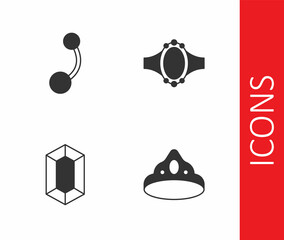 Set King crown, Piercing, Gem stone and Diamond engagement ring icon. Vector