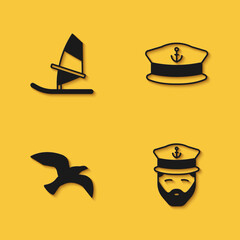 Set Windsurfing, Captain of ship, Bird seagull and hat icon with long shadow. Vector