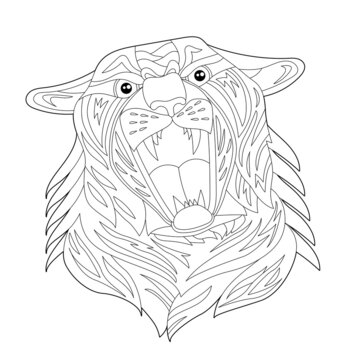 Contour linear illustration for coloring book with decorative tiger head. Beautiful  animal, anti stress picture. Line art design for adult or kids in zen-tangle style, tattoo and coloring page.