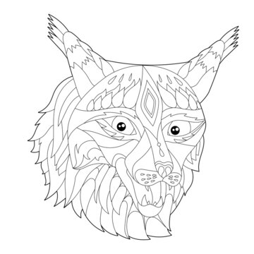 Contour linear illustration for coloring book with decorative lynx head. Beautiful  animal, anti stress picture. Line art design for adult or kids in zen-tangle style, tattoo and coloring page.