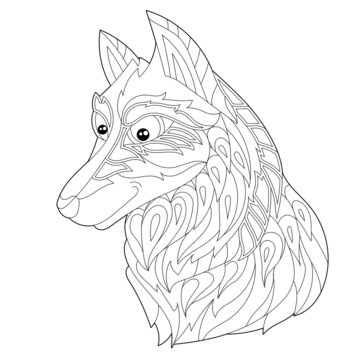 Contour linear illustration for coloring book with decorative dog head. Beautiful pet, animal, anti stress picture. Line art design for adult or kids in zen-tangle style, tattoo and coloring page.