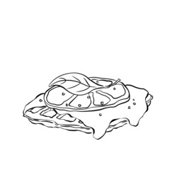 Croffle with melted cheese, slice of tomato and basil leaf. Lovely breakfast. Waffle and croissant is croffle. Sweets and deserts.