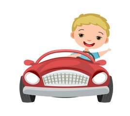 Kid drives a car. Red funny childrens automobile. Toy vehicle. With a motor. Nice passenger auto. Pedal or electric. Isolated on white background. Vector