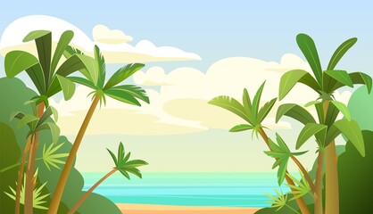 Fototapeta na wymiar Cute tropical beach with palm trees. Sand and sea horizon. Cartoon flat style. Beautiful summer landscape. Vector.