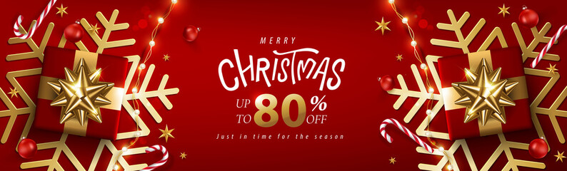 Merry Christmas and happy new year promotion sale banner with festive decoration