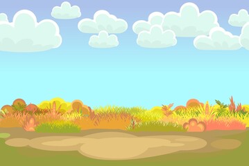 Fototapeta na wymiar Meadow. Autumn grassy glade. Clouds. Grass close up. Place. Rural beautiful landscape. Wild uncut lawn. Cartoon style. Flat design. Illustration vector art