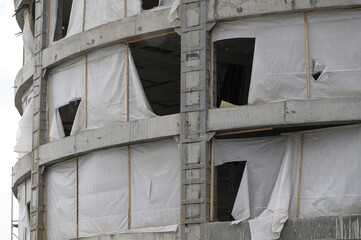 Close-up of a concrete frame of a new building on a construction site
