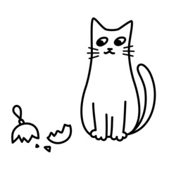 A cute cat broke a Christmas toy. A funny New Year kitten. Hand drawn pet in doodle style. Black outlines isolated on a white background. Vector cartoon illustration for winter holidays.