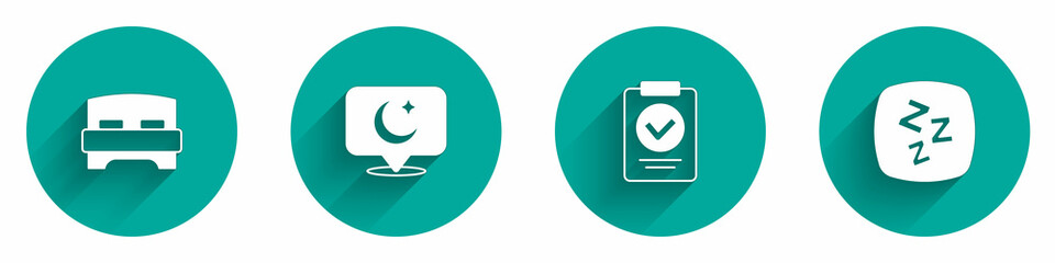 Set Big bed, Moon and stars, Medical prescription and Sleepy icon with long shadow. Vector