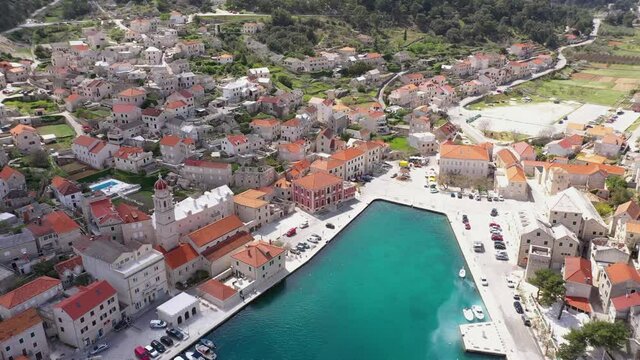 An Above View To The Old City Center Of Pucisca On Island Brac, Croatia - drone shot