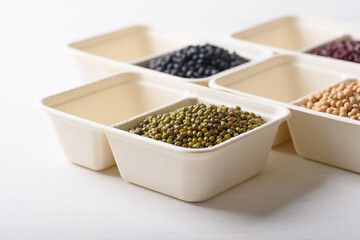 Mungbeans in compostable cardboard boxes are eco-friendly concepts and are mainly used as a plant-based ingredient in vegetarian, healthy food.