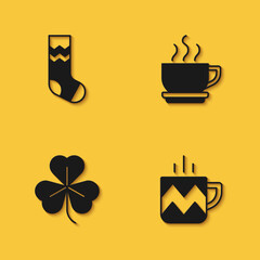 Set Socks, Cup of tea, Clover and Coffee cup icon with long shadow. Vector