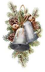 Watercolor cliparts. Print. Christmas composition, fir branches, bells, holly, mistletoe, spices