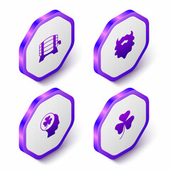 Set Isometric Wooden barrel on rack, Mustache and beard, Head with clover trefoil leaf and Clover icon. Purple hexagon button. Vector