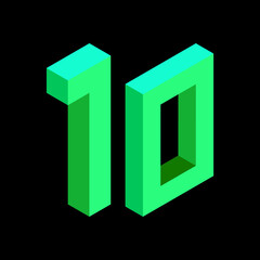 Light green number 10 in isometric style. Isolated on black background. Learning numbers, serial number, price, place.