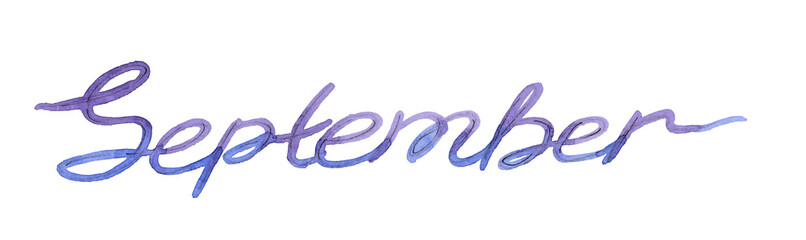 Naklejka premium Watercolor continuous blue and violet one line drawing lettering Autumn month September on white background