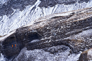 Pilatus PC-6 airplane at fighter shooting range of Swiss Air Force at Axalp air show on a grey and cloudy autumn afternoon. Photo taken October 19th, 2021, Axalp, Switzerland.