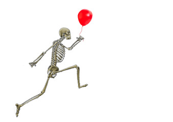 赤い風船を持った人体骨格のイラスト
