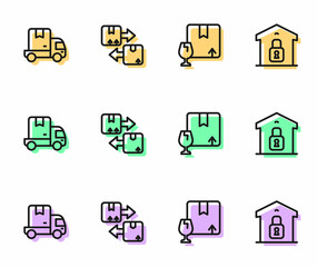Set line Package box with fragile content, Delivery cargo truck, Cardboard traffic symbol and Closed warehouse icon. Vector