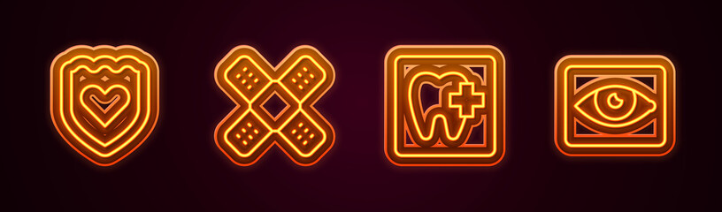 Set line Immune system, Crossed bandage plaster, Dental clinic location and Red eye effect. Glowing neon icon. Vector