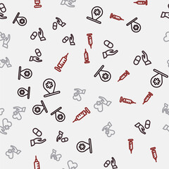 Set line Location hospital, Medical prescription, Heart with cross and Syringe on seamless pattern. Vector