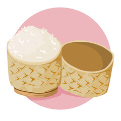 Sticky rice in bamboo basket. Isolate set of sticky rice on white background. Thai traditional food vector illustration.