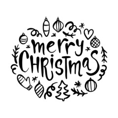 CHRISTMAS PRINT Doodle Symbols Decoration Greeting Card New Year Winter Holiday With Handwriting Text Black On White Background Cartoon Vector Illustration Set