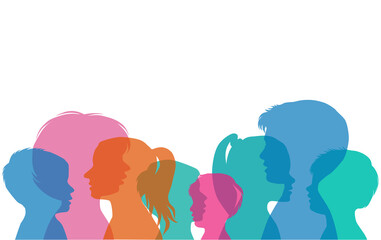 Silhouettes of the face of girls and boys, vector, profile. A group of young people, different colors, isolated on white background