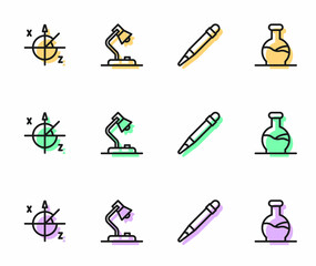Set line Pencil with eraser, Trigonometric circle, Table lamp and Test tube icon. Vector
