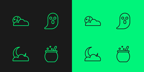 Set line Halloween witch cauldron, Moon and stars, and Ghost icon. Vector