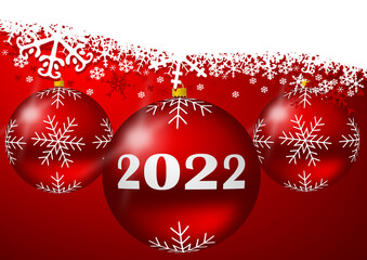 Happy new year eve 2022 illustration, greeting card with christmas red balls and white snowflakes, xmas background with empty copy space for your text